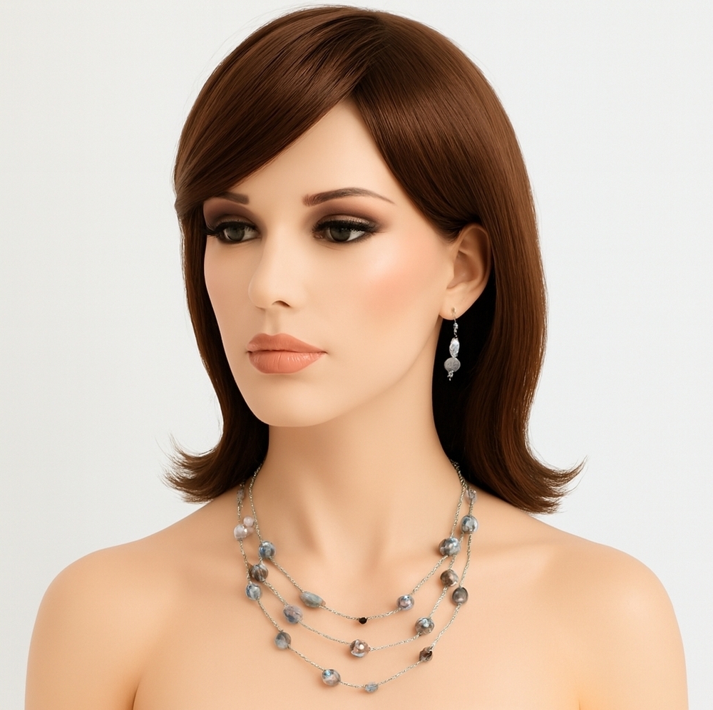 Women's Silver Layered Gray & Clear Beads Necklace w/ Matching Earrings Jewelry